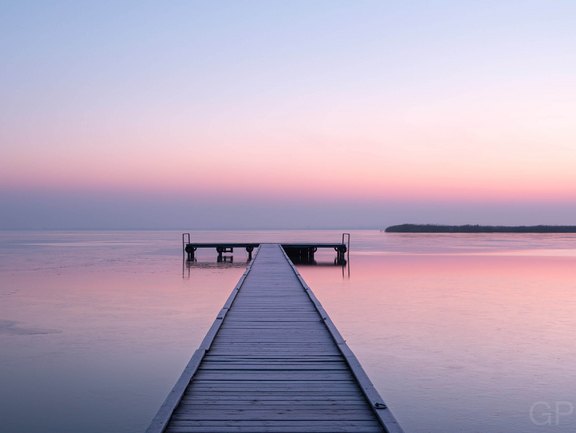 Leerer Steg streckt sich in den stillen, pastellfarbenen Morgenhimmel über dem Neusiedler See.